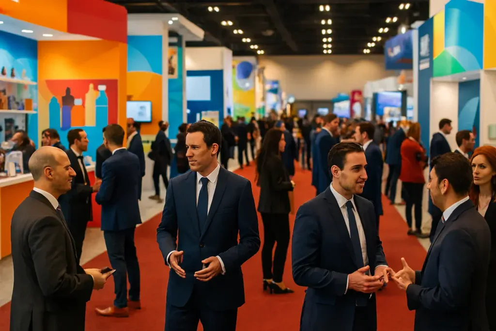 Escena de networking corporativo en una exposición de marketing y publicidad, con ejecutivos conversando en un entorno B2B que refleja el dinamismo de ExpoPublicitas.