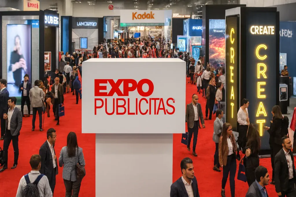 Imagen del pabellón principal de ExpoPublicitas, con visitantes recorriendo los stands y participando en activaciones dentro del área de exhibición.