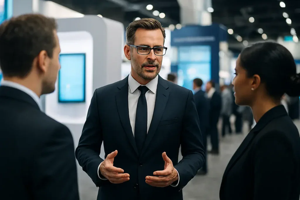 CEO conversando con potenciales clientes en un entorno B2B, ejemplificando la prospección activa durante un evento o exposición