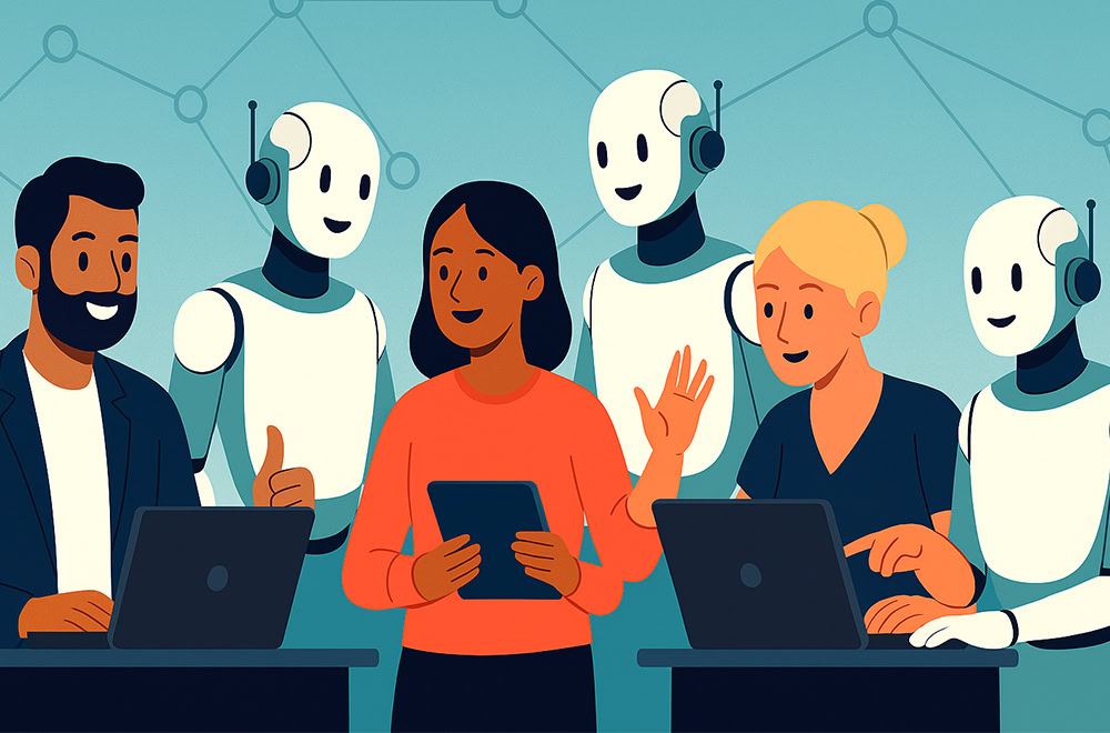 agentes-de-ia-mexico Ilustración en la que vemos robots acompañando a hombres y mujeres con sus laptops.
