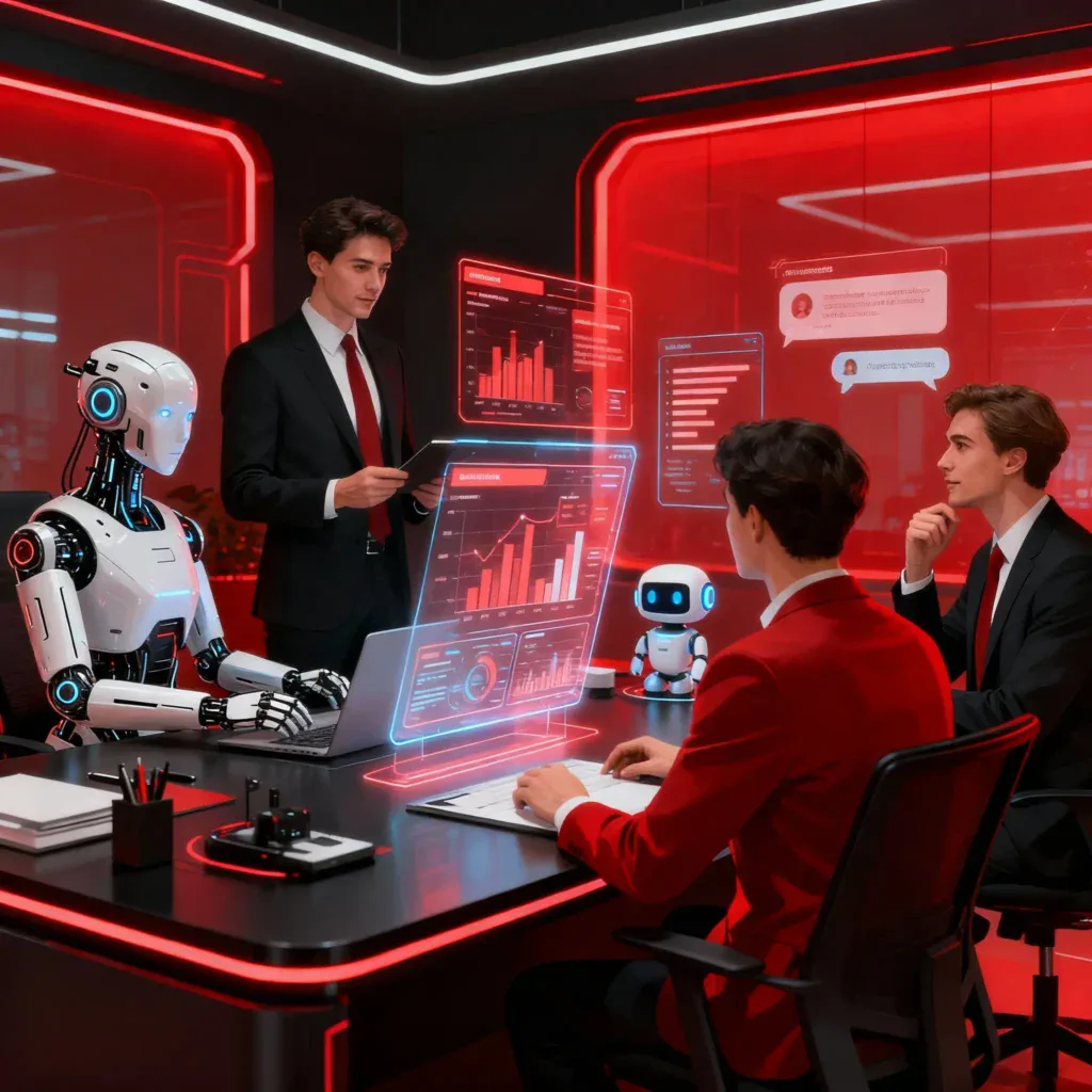 agentes-de-inteligencia-artificial-expopublicitas Imagen generada con IA en la que vemos marketeros con robots analizando datos.