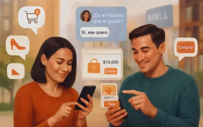 comercio-conversacional-buen-fin-2025 Pareja interactuando con sus teléfonos durante el Buen Fin 2025, ejemplo de comercio conversacional con chatbots y compras online en México.
