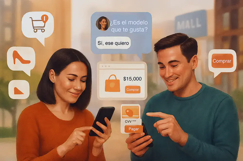 Pareja interactuando con sus teléfonos durante el Buen Fin 2025, ejemplo de comercio conversacional con chatbots y compras online en México.
