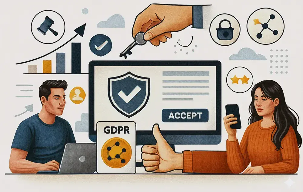 Escena ilustrada de usuarios aceptando permisos de datos en plataformas digitales, con símbolos de seguridad, privacidad y control de información en entornos de marketing digital.