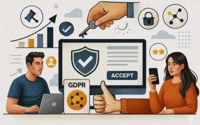 Escena ilustrada de usuarios aceptando permisos de datos en plataformas digitales, con símbolos de seguridad, privacidad y control de información en entornos de marketing digital.