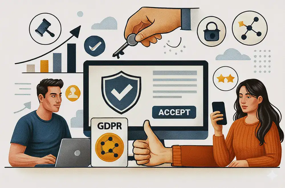 Escena ilustrada de usuarios aceptando permisos de datos en plataformas digitales, con símbolos de seguridad, privacidad y control de información en entornos de marketing digital.