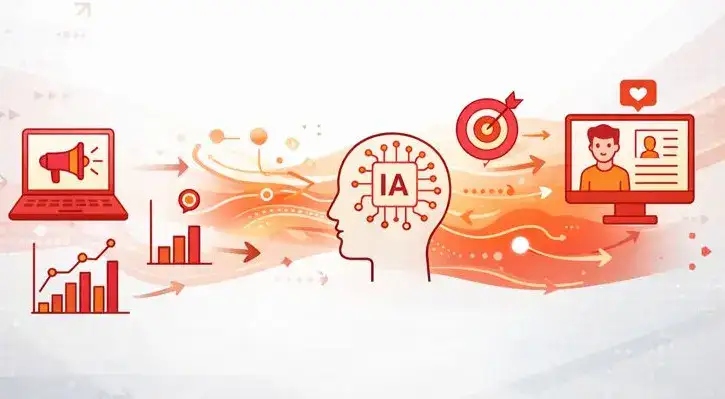 evolucion-marketing-publicidad-inteligencia-artificial Ilustración conceptual que muestra la evolución de las campañas de publicidad hacia modelos integrados, donde datos, creatividad e inteligencia artificial trabajan de forma conjunta.