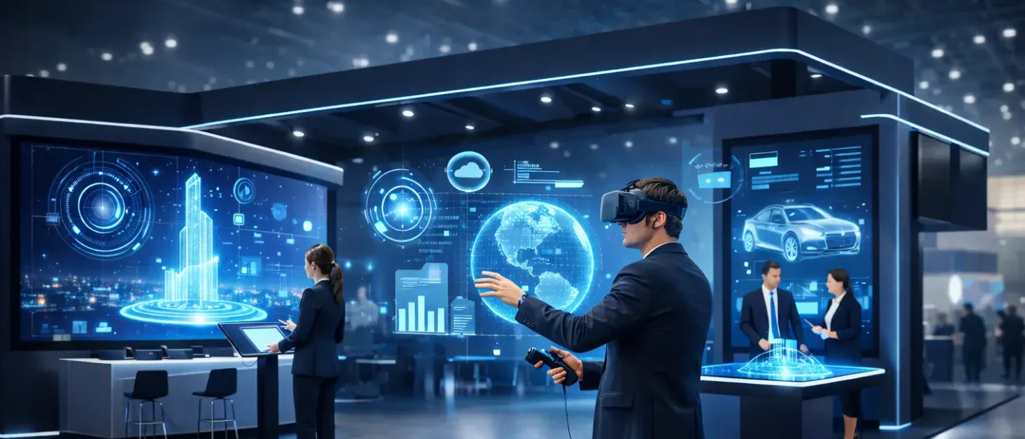Stand interactivo con tecnología inmersiva en feria B2B, integrando realidad virtual, pantallas de Digital Signage y experiencias interactivas para atraer y convertir visitantes en leads.