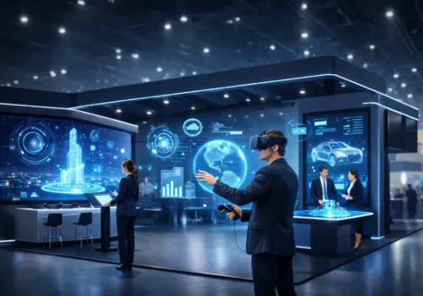 Gaming y tecnología inmersiva para potenciar tu stand en ferias B2B Stand interactivo con tecnología inmersiva en feria B2B, integrando realidad virtual, pantallas de Digital Signage y experiencias interactivas para atraer y convertir visitantes en leads.