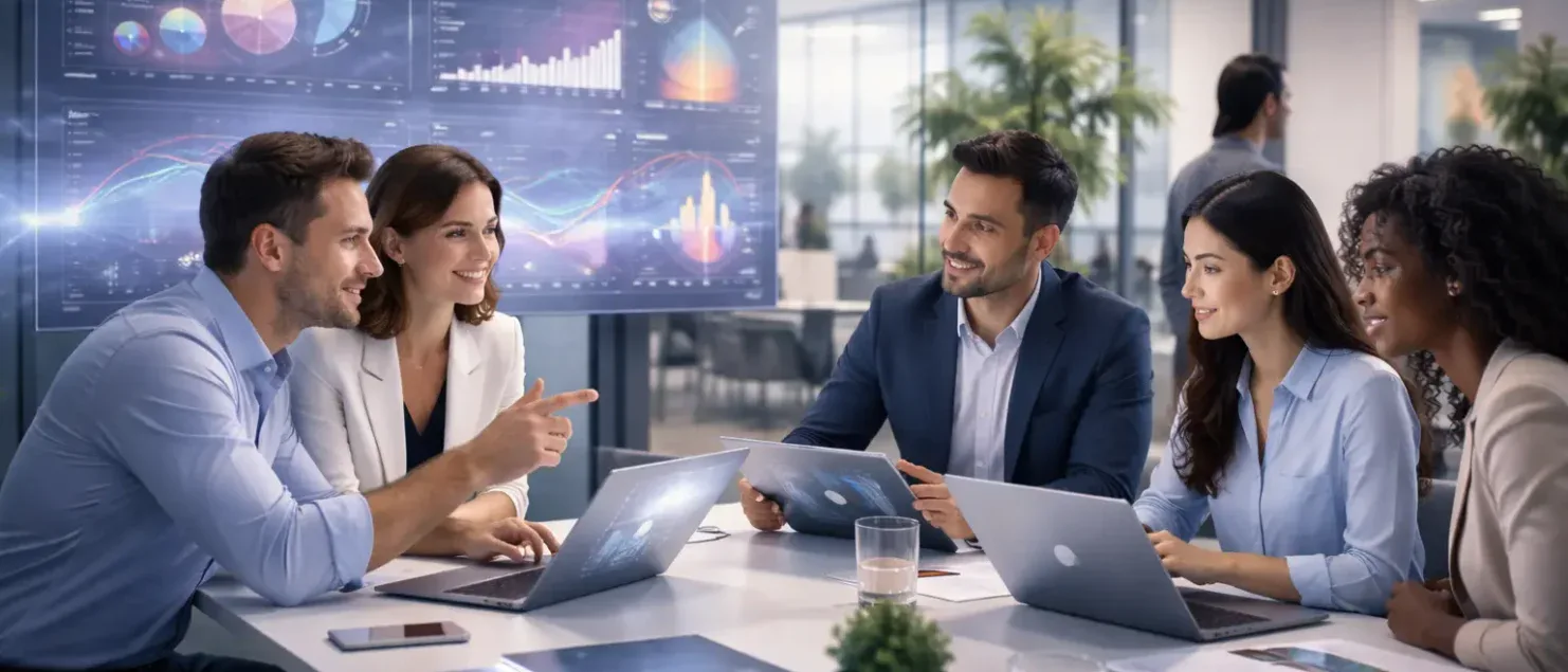 Profesionales de marketing analizan métricas y dashboards avanzados en un entorno colaborativo, donde la inteligencia artificial apoya la toma de decisiones estratégicas y la optimización de experiencias de marca mediante el uso de datos en tiempo real.
