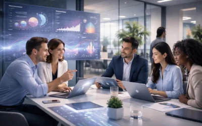 inteligencia-artificial-marketing-2026 Profesionales de marketing analizan métricas y dashboards avanzados en un entorno colaborativo, donde la inteligencia artificial apoya la toma de decisiones estratégicas y la optimización de experiencias de marca mediante el uso de datos en tiempo real.