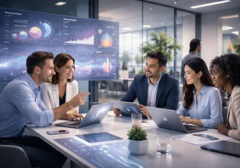 Insights de The Future 100: el futuro de las marcas e inteligencia artificial en el marketing en 2026 Profesionales de marketing analizan métricas y dashboards avanzados en un entorno colaborativo, donde la inteligencia artificial apoya la toma de decisiones estratégicas y la optimización de experiencias de marca mediante el uso de datos en tiempo real.