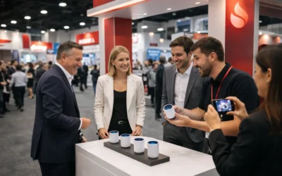 activacion-de-marca-b2b-interaccion-en-stand Activación de marca B2B en feria tipo ExpoPublicitas, donde asistentes interactúan con un producto en un stand, generando engagement y networking profesional.