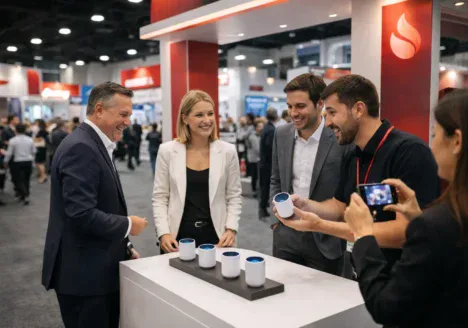 Activación de marca B2B en feria tipo ExpoPublicitas, donde asistentes interactúan con un producto en un stand, generando engagement y networking profesional.