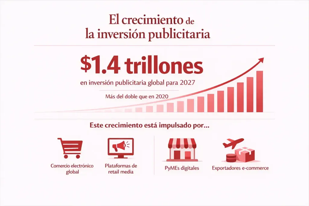 crecimiento-inversion-publicitaria-global-2027-infografia Infografía sobre el crecimiento de la inversión publicitaria global hacia 2027, impulsado por comercio electrónico, retail media, PyMEs digitales y plataformas de e-commerce.