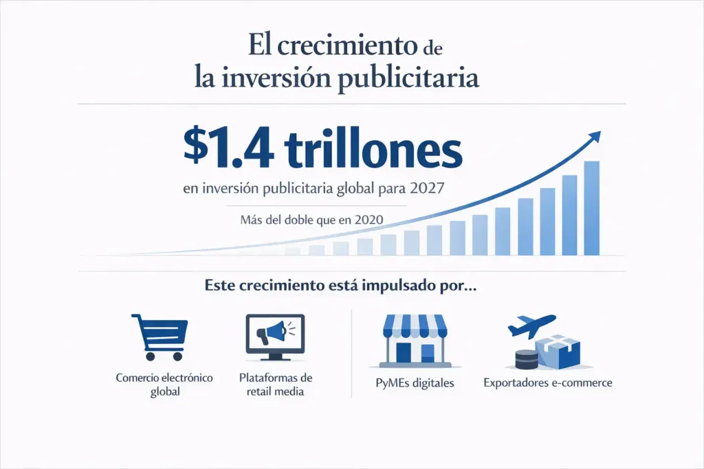 crecimiento-inversion-publicitaria-global-2027-infografia Infografía sobre el crecimiento de la inversión publicitaria global hacia 2027, impulsado por comercio electrónico, retail media, PyMEs digitales y plataformas de e-commerce.