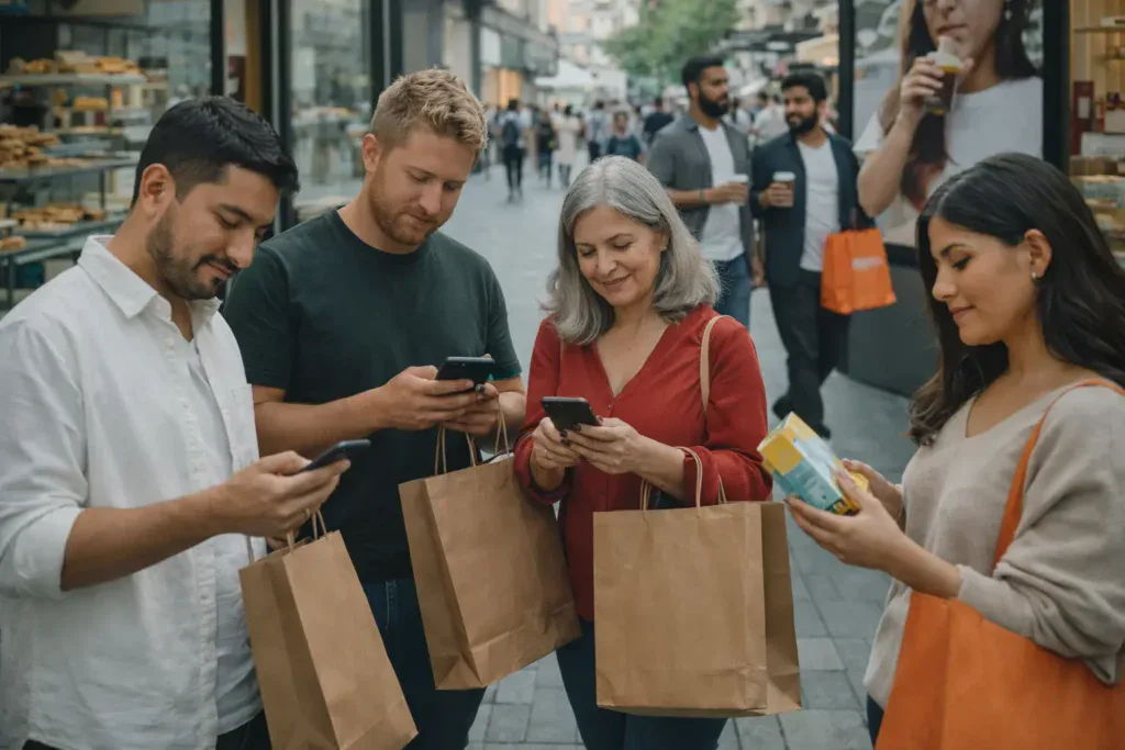 Personas interactuando con marcas en un entorno urbano, combinando compras físicas y digitales desde sus dispositivos móviles, reflejando el comportamiento omnicanal en el marketing global.