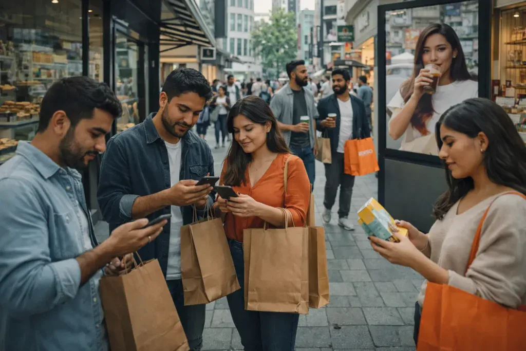 Personas interactuando con marcas en un entorno urbano, combinando compras físicas y digitales desde sus dispositivos móviles, reflejando el comportamiento omnicanal en el marketing global.