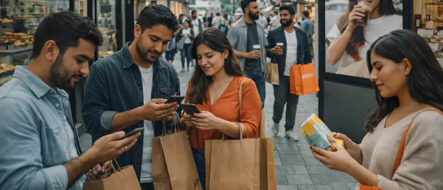 Personas interactuando con marcas en un entorno urbano, combinando compras físicas y digitales desde sus dispositivos móviles, reflejando el comportamiento omnicanal en el marketing global.