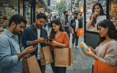 marketing-global-consumo-omnicanal-personas-compras-dispositivos-moviles Personas interactuando con marcas en un entorno urbano, combinando compras físicas y digitales desde sus dispositivos móviles, reflejando el comportamiento omnicanal en el marketing global.