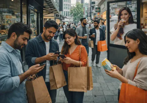 Personas interactuando con marcas en un entorno urbano, combinando compras físicas y digitales desde sus dispositivos móviles, reflejando el comportamiento omnicanal en el marketing global.