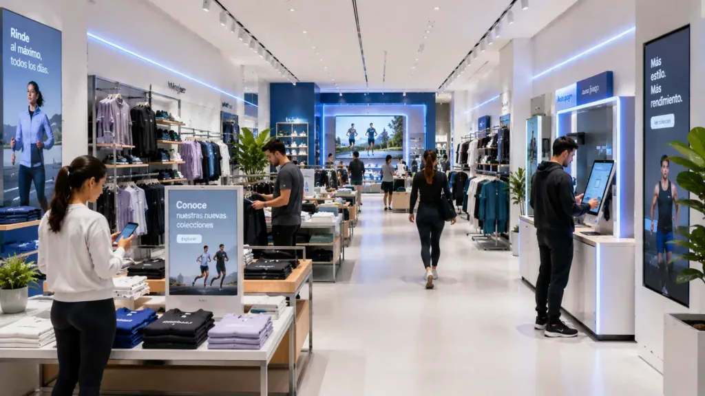 Tienda retail moderna con pantallas digitales, visual merchandising y consumidores interactuando con tecnologías aplicadas a la experiencia de compra.