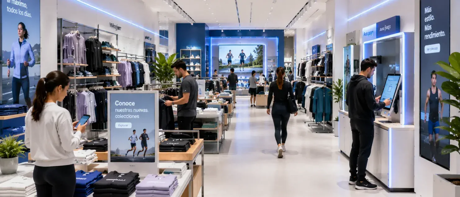 Tienda retail moderna con pantallas digitales, visual merchandising y consumidores interactuando con tecnologías aplicadas a la experiencia de compra.