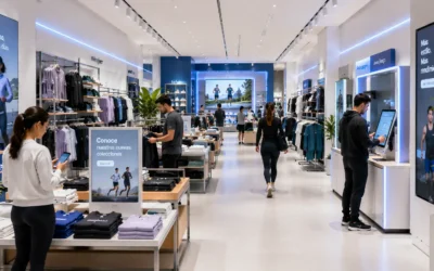 Tienda retail moderna con pantallas digitales, visual merchandising y consumidores interactuando con tecnologías aplicadas a la experiencia de compra.