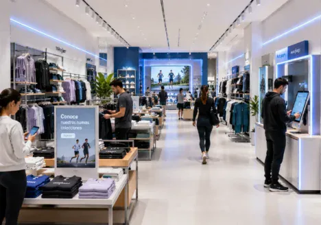 Tienda retail moderna con pantallas digitales, visual merchandising y consumidores interactuando con tecnologías aplicadas a la experiencia de compra.