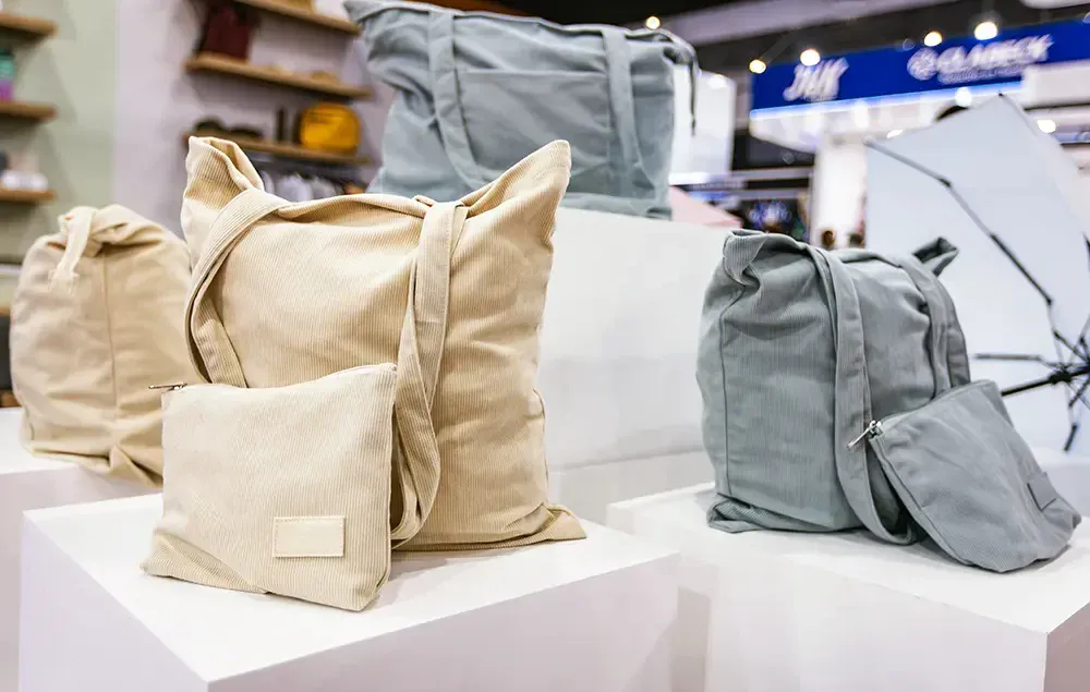 Bolsas, mochilas y accesorios textiles personalizados exhibidos como ejemplos de regalos promocionales que pueden ayudar a una marca a ganar visibilidad, atraer contactos y generar nuevas oportunidades comerciales en ExpoPublicitas.