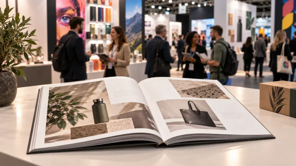 Catálogo impreso de diseño editorial exhibido en un stand en ExpoPublicitas 2027, con visitantes y expositores al fondo.