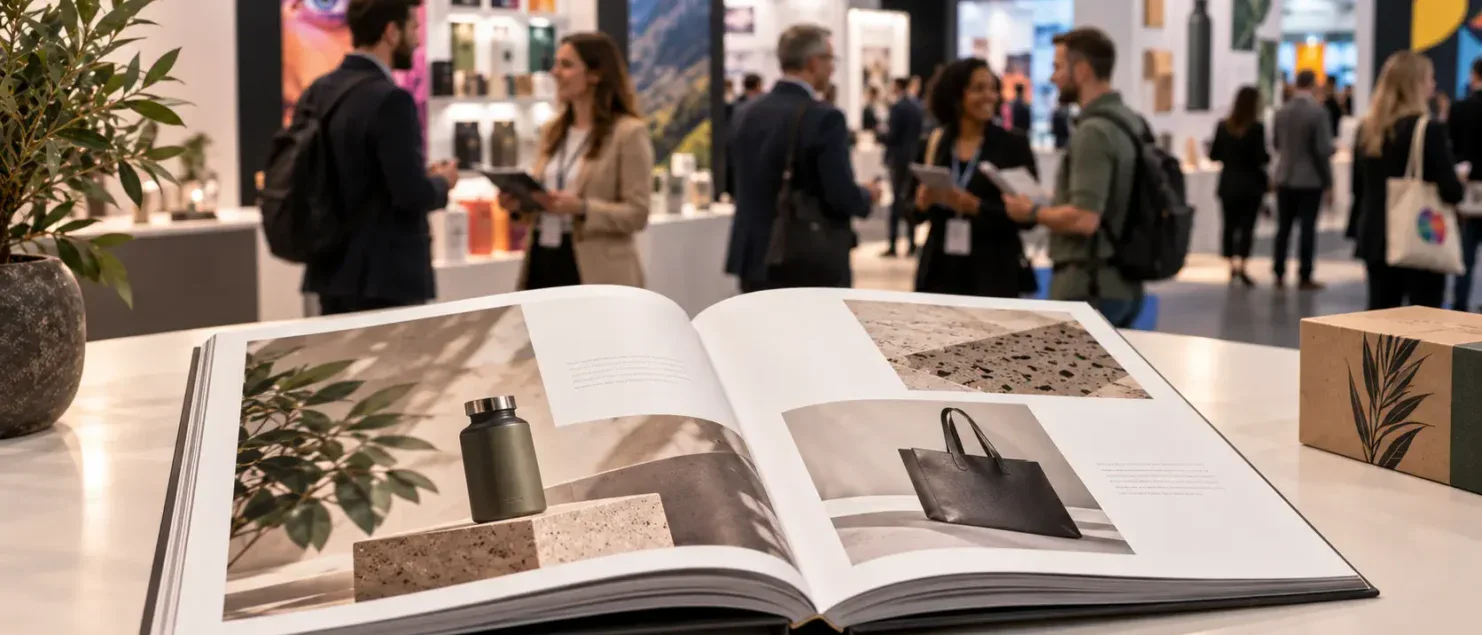 Catálogo impreso de diseño editorial exhibido en un stand en ExpoPublicitas 2027, con visitantes y expositores al fondo.