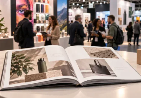 Catálogo impreso de diseño editorial exhibido en un stand en ExpoPublicitas 2027, con visitantes y expositores al fondo.