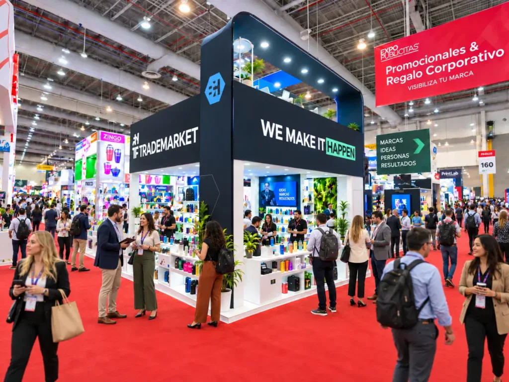Stand de productos promocionales con visitantes y profesionales en ExpoPublicitas.