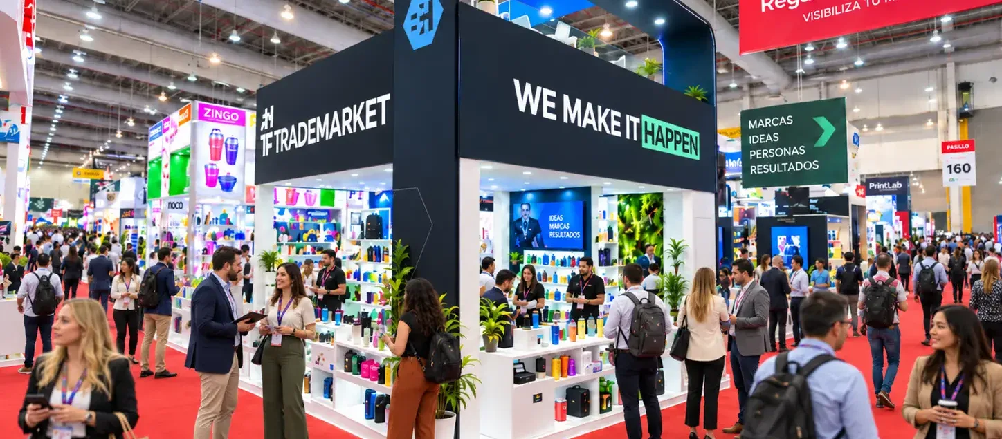 Stand de productos promocionales con visitantes y profesionales en ExpoPublicitas.
