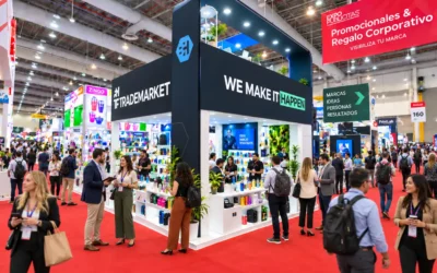 Stand de productos promocionales con visitantes y profesionales en ExpoPublicitas.